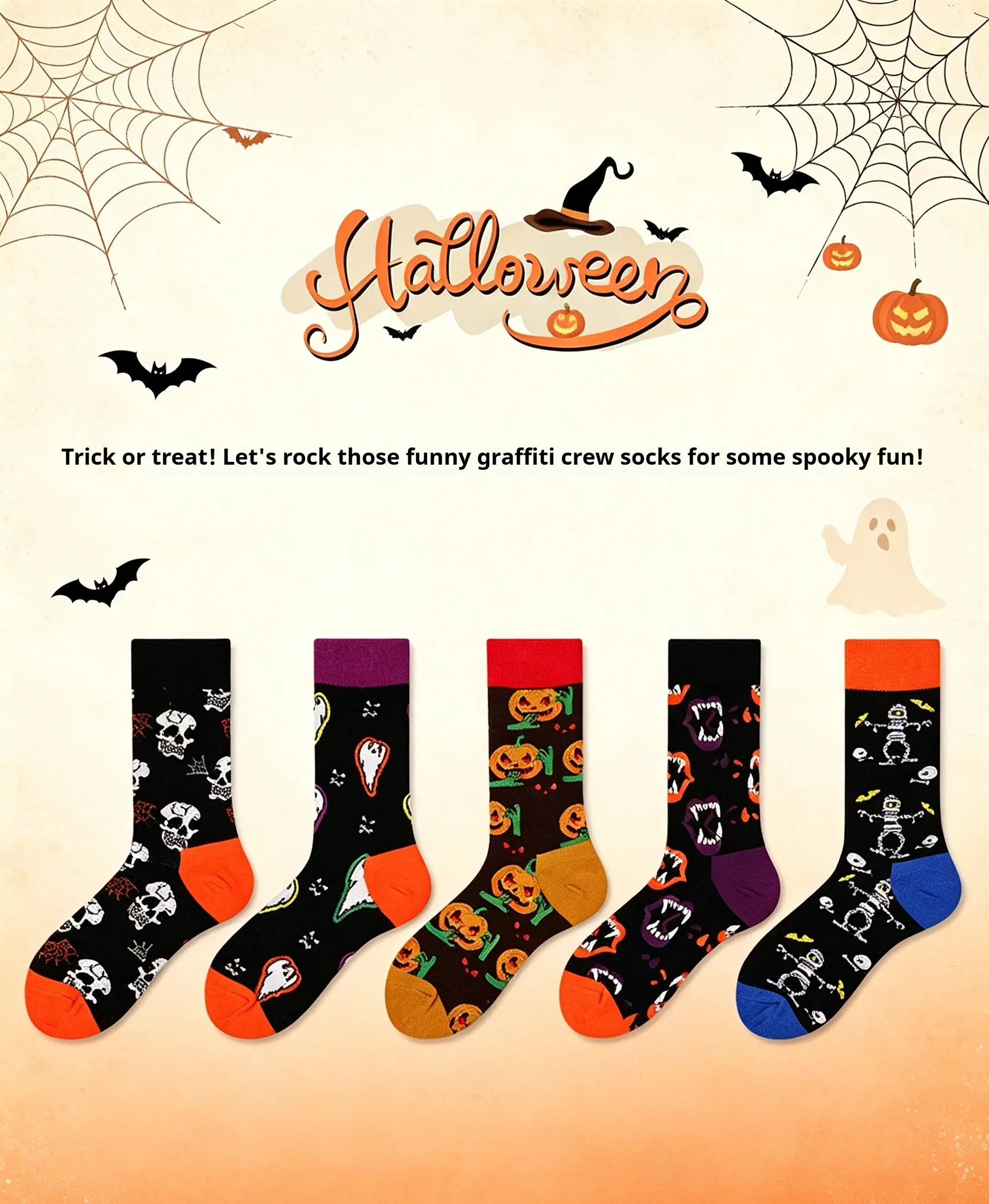 Unisex 5-Pair Cotton Mid-Calf Sports Socks, Halloween-Themed with Pumpkins & Skulls, Sweat-Absorbent Couples Socks