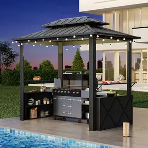 EROMMY Grill Gazebo 8 x 6 FT, Outdoor Barbecue Gazebo with Double Galvanized Steel Roof, Aluminum Grill Canopy with Shelves for Patio, Lawn, Garden