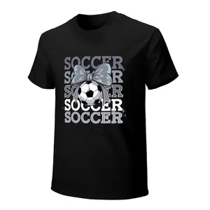Men's "Soccer All Day" Crochet Bow Wool Graphic Tee, Customized Elastic Breathable Casual Grey & Black Football Crewneck, Girly Sports Print Game Day Top (Pair with Joggers)