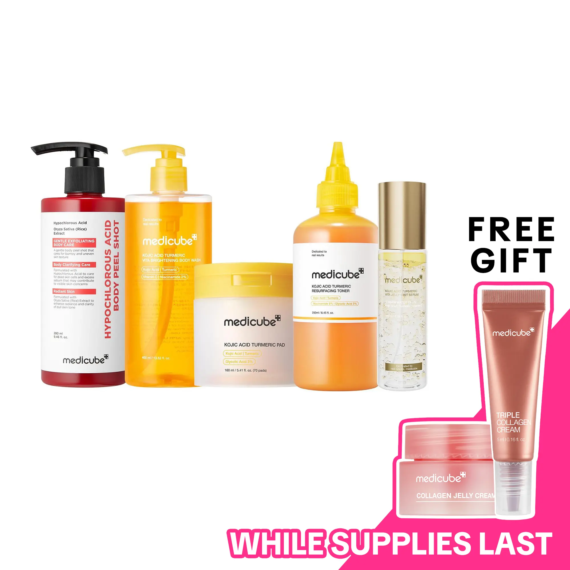 [medicube] Smooth & Clear Body Care Set | Hypochlorous Acid Body Peel Shot, Kojic Acid Turmeric Body Wash, Toner Pad, Toner, Mist | Exfoliating for Dead Skin Cells & Excess Sebum & Clearing for After Spots, Texture & Uneven Skin Tone | K-Beauty