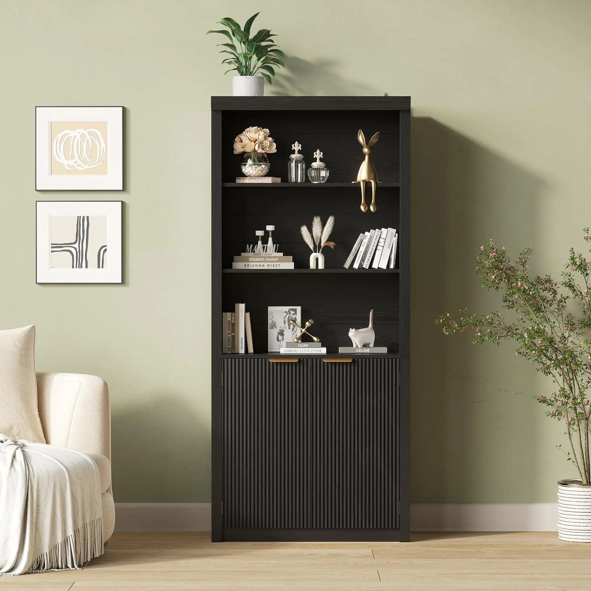 Garvee Tall 5-Shelf Wooden Bookcase with Doors – Adjustable Storage Cabinet – Modern Freestanding Bookshelf for Home Office or Living Room – Floor Standing Organizer, Black