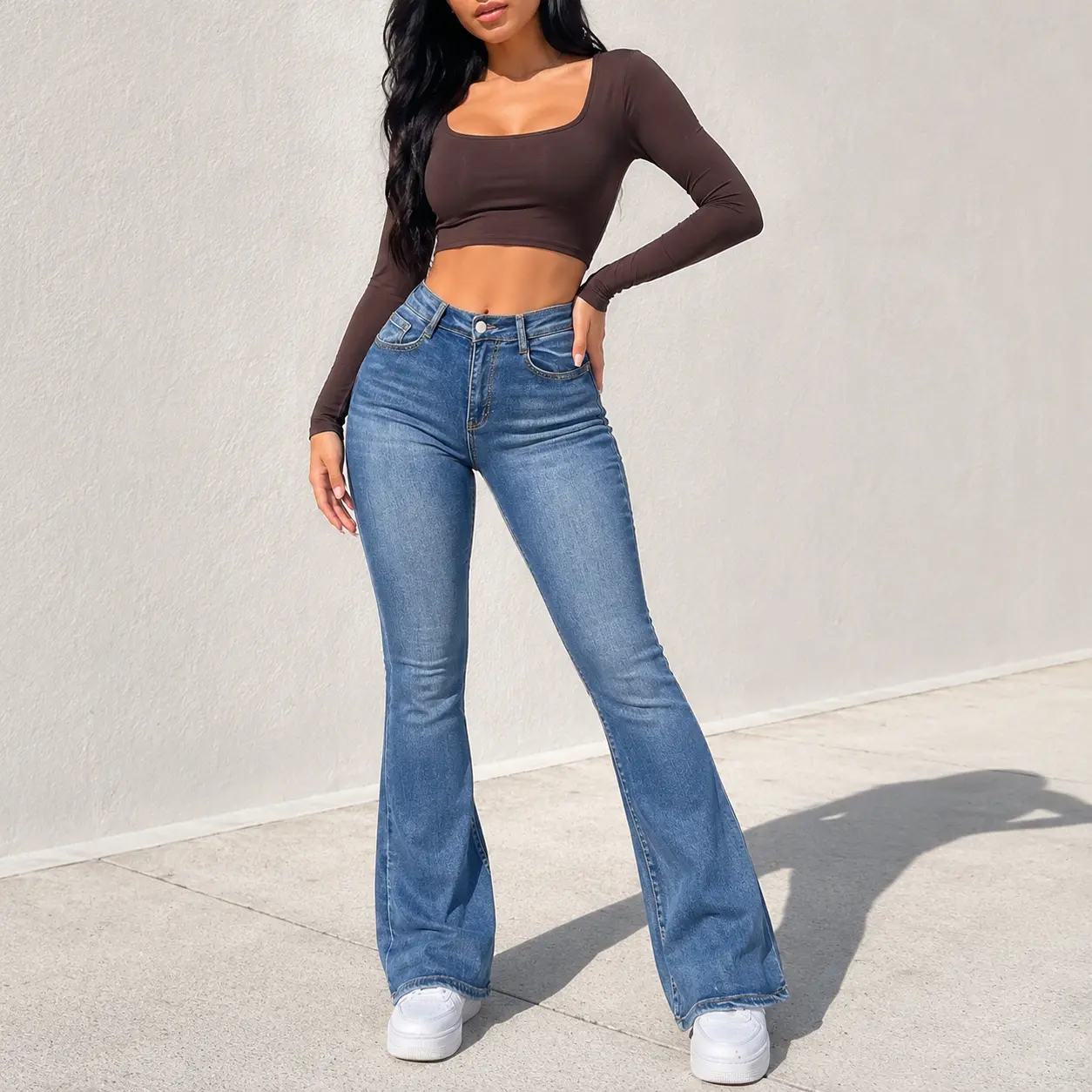 Womens High Waisted Bootcut Jeans, Stretch Flare Denim Pants with Pockets, Slim Fit Butt Lifting Blue Jean Pants for Casual Streetwear, Going Out and Everyday Outfits Fabric Womenswear
