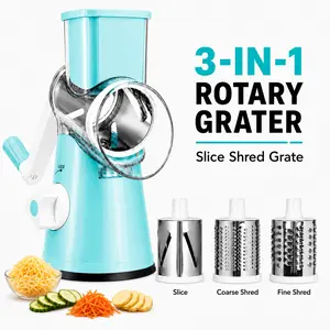 MIUVA 3-in-1 Rotary Cheese Grater VeggiesChopper with Hand Crank, Interchangeable Stainless Steel Drum Blades, Strong Suction Base, Easy-to-Use Vegetable Slicer Shredder Grater for Cheese, Potatoes,   onion,  Carrots, Cucumbers