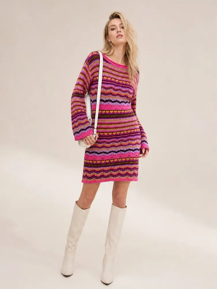 Long Bell Sleeve Striped Knit Bodycon Mini Dress With Hollow Jacquard Detail, Slimming Figure-Hugging Short Dress For Women. Retro Colorful Stripe Pattern creates eye-catching streetwear look, fitted silhouette perfectly suits casual outings