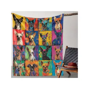 Vintage Chihuahua Print Throw Blanket - Mixed Color Knitted Flannel, Digital Print, Soft Cozy Sofa Bed Office Car Camping Travel, All-Season 250-300 G/² Fabric Weight