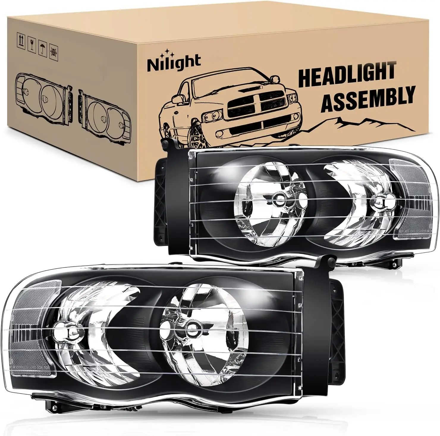 Nilight 2-Pack Headlight Assembly Replacement Kit for 2002-2005 Ram 1500/2500/3500 Ram Trucks, Black Housing, Driver & Passenger Side, 55077120AF, Plug-N-Play, UV Resistant, Anti-Fogging