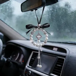 Pearl Rhinestone Car Pendant, Elegant Rearview Mirror Charm, Bear Clover Heart Moon Decor, Suitable for Women Aged 25-55