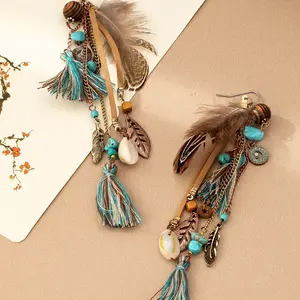 Bohemian Feather Tassel Earrings: Zinc Alloy, Turquoise, and Wooden Beads, Suitable for Everyday Wear