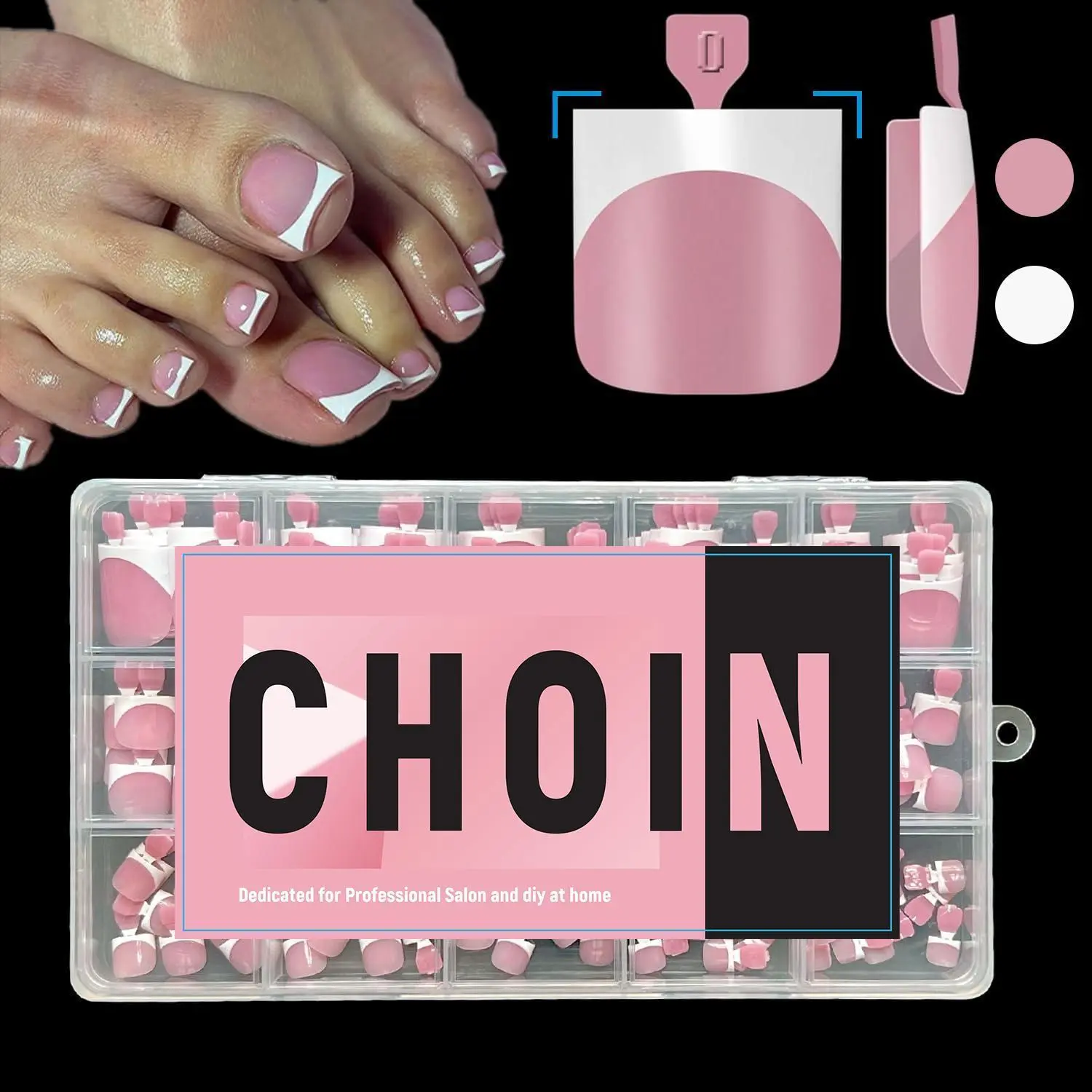 CHOIN Press On Toe Nails Set - 150pcs Pre-Shaped Square Soft Gel Thick Acrylic Nails, Berry Pink Full Cover Long-Lasting Stick & Build Extensions, 15 Multi-Size Glossy French Tips for DIY Pedicure, Valentine's Day Gift, Press On Nails