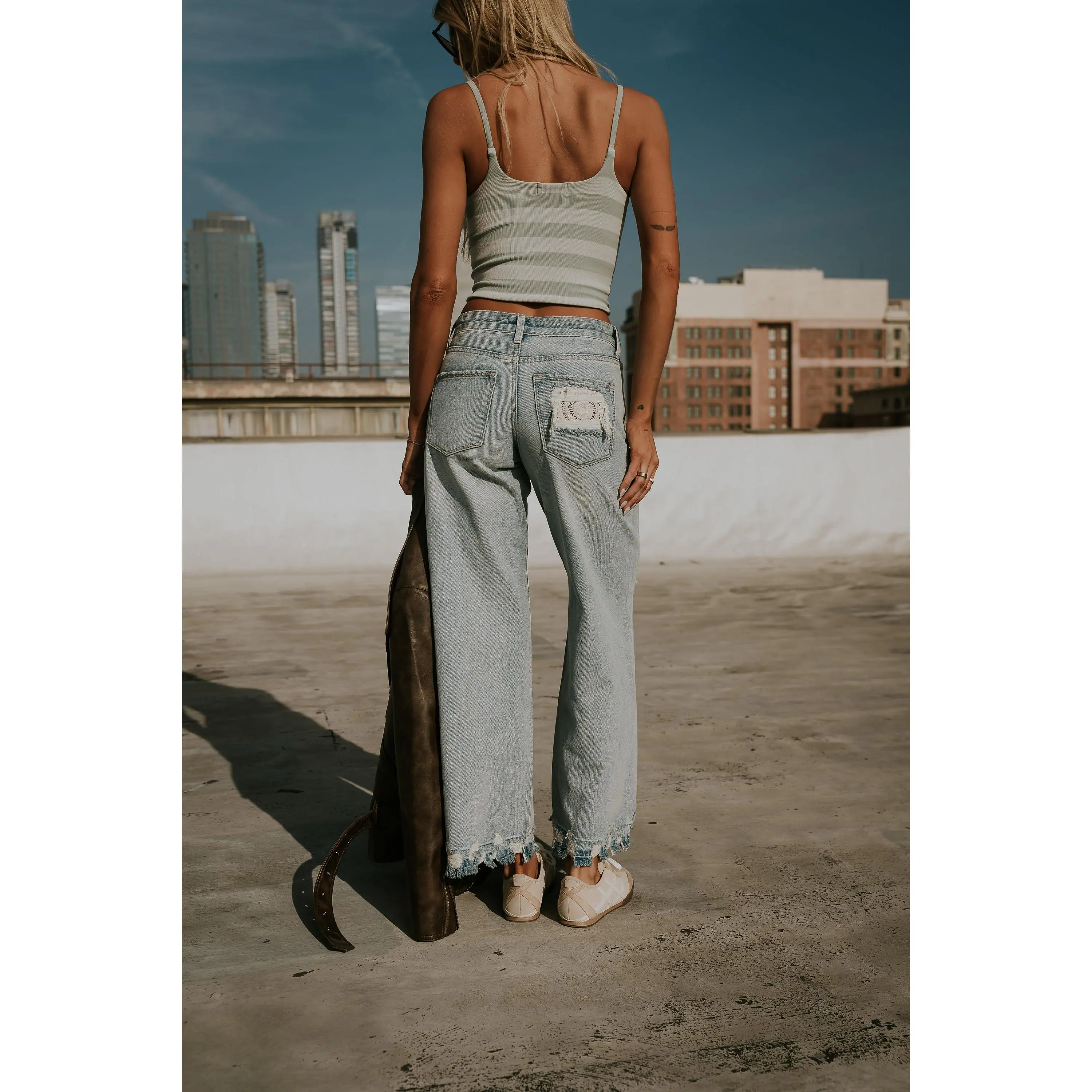 Women's Marvin Crochet Wide-Leg Cotton Denim Pants - Streetwear Style with Pocket Design, Flattering Fit and Zipper Closure