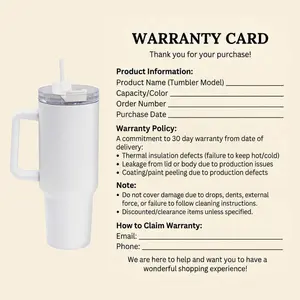 Warranty Card For Our 40oz Tumbler, Stainless Steel with Handle and Straw