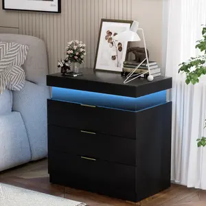 Nightstand with Charging Station and LED Lights,Night Stand with Sliding Top for Bedroom,Bedside Table with Drawers,Modern End Side Table,Black.28.8''W X 17''D X 30.5''H Furniture Home Design Interior