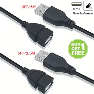 2pcs 5FT USB 2.0 Extension Cable 60inch Copper Core USB2.0 A Male To A Female Data Sync Charger Extension Cable Cord Black Wire Data Transmission Cable Superhighspeed Data Cables Accessories 1m/1.5M For Display Projector Computer PC Game