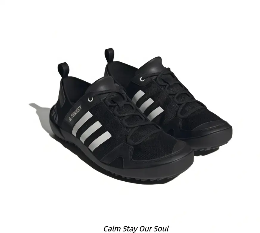 All Black Cutout Water Sandals Three Stripes Detail Non Slip Rubber Sole Lightweight Breathable Outdoor Beach Amphibious Shoes Unisex