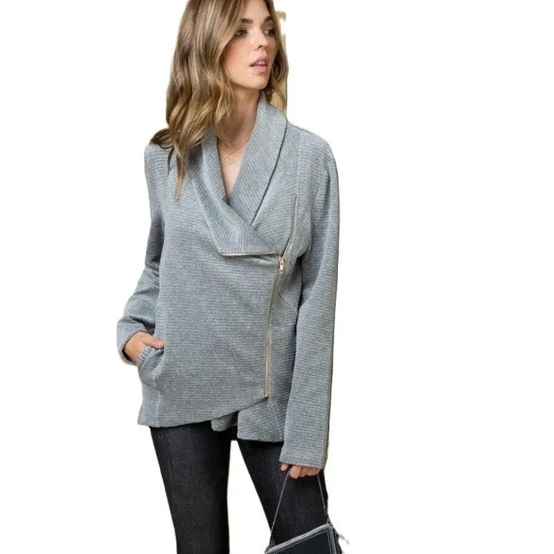 Grey Asymmetrical Velour Cowl Neck  Zip Up Jacket