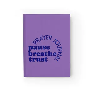 Purple Ruled Prayer Journal Notebook, Minimalist Design, Matte Cover with "Pause, Breathe, Trust" Text, Ruled Pages, QR Code Feature