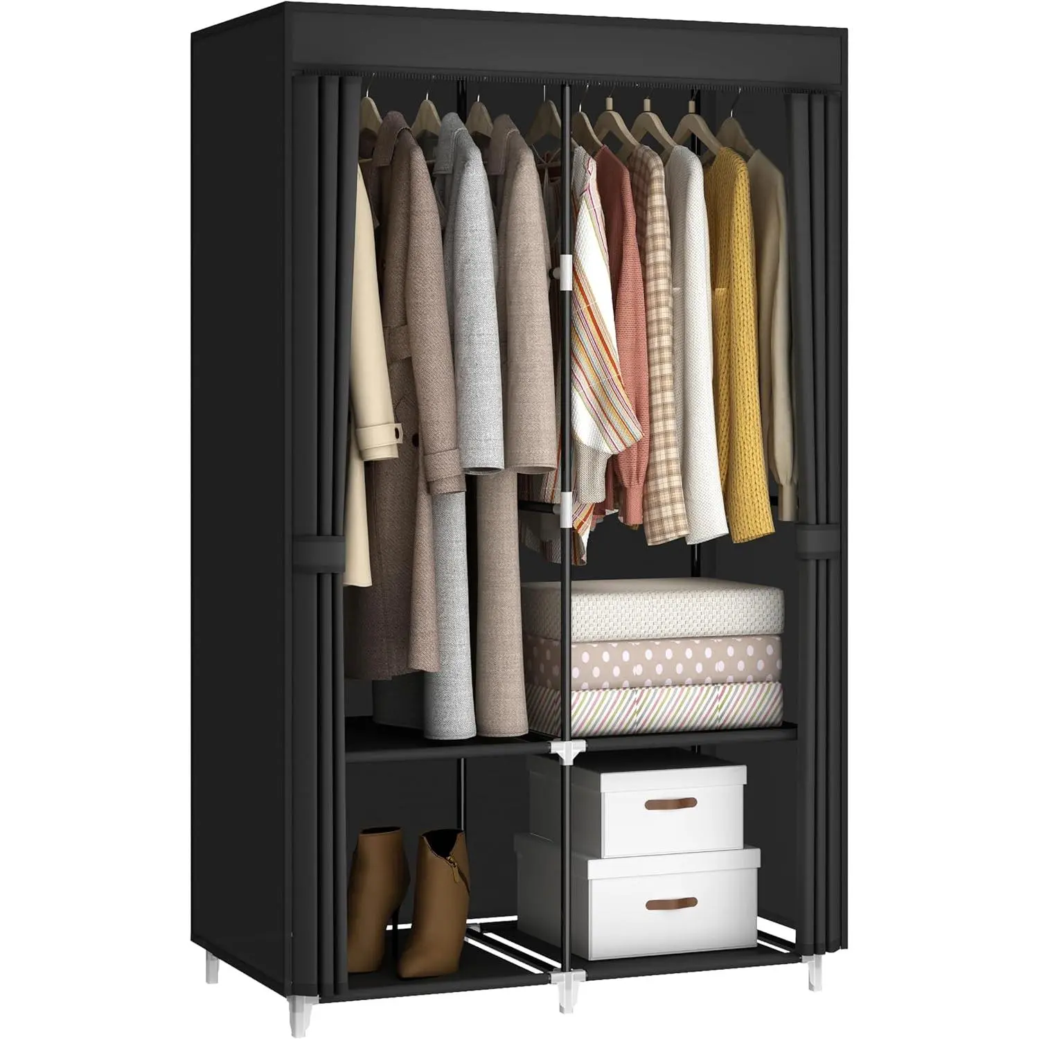 Portable Closet Wardrobe for Small Room, 35-Inch Clothing Organizer Storage Rack with 2 Clothes  Rods and 4 Shelves, Non-Woven Fabric Cover, Black