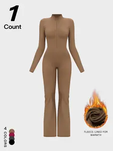 Women's Fall Winter Warm Stand Collar Zipper Shaping Bodysuit, High Waist Tummy Control Butt-Lifting Loose Straight Leg Pants, Outdoor Sports Skiing Thermal Jumpsuit, Comfy Breathable Outfits for Yoga Pilates Gym Workout Running Cycling, Sporty Jumpsuit