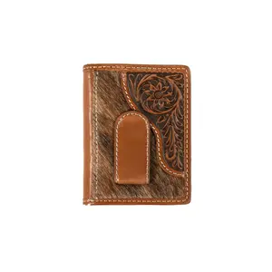 Men's Bifold Wallets - Genuine Leather Durable Money Clip Wallet with Hand-Tooled Floral Western Design and Calf Hair, Durable Wallet