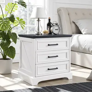 LINGMU Modern Nightstand with Built-in Charging Station  Night Stand with 3 Drawers  for Bedroom  Living Room Small Spaces