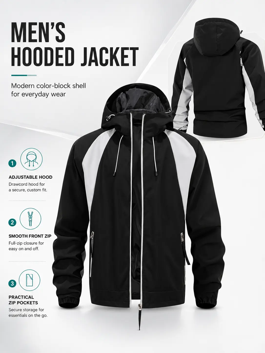 Men’s color-block hooded windproof jacket with zipper, lightweight casual streetwear jacket for outdoor sports