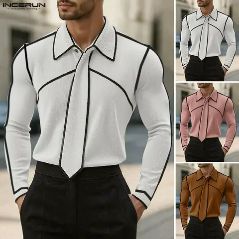 INCERUN Men's Slim-Fit Long-Sleeve Smart Casual Knit Button Shirt - Geometric Contrast Black Lines Top, Tie-Front Party & Business Creative Events All-Season Menswear