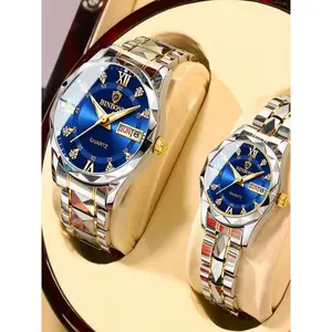 Couple Casual Water Resistant Watch, Fashion Waterproof Round Analog Stainless Steel Watch Set with Date & Week Display Function, Modern Trendy Accessories Women & Men As Gift with Box, Luminous Waterproof Watch