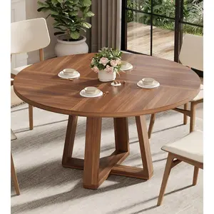 47" Round Farmhouse Dining Table for 4–6 – Modern Wood Kitchen Table with Cross Base for Cozy Dining Spaces(Table Only)