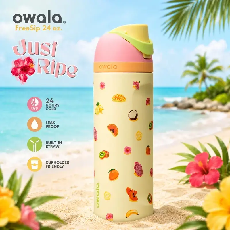 Limited Edition Owala FreeSip 24oz Just Ripe Water Bottle – Tropical Fruit Insulated Stainless Steel Tumbler, Leakproof Straw Lid, Reusable Travel & Sports Hydration Bottle