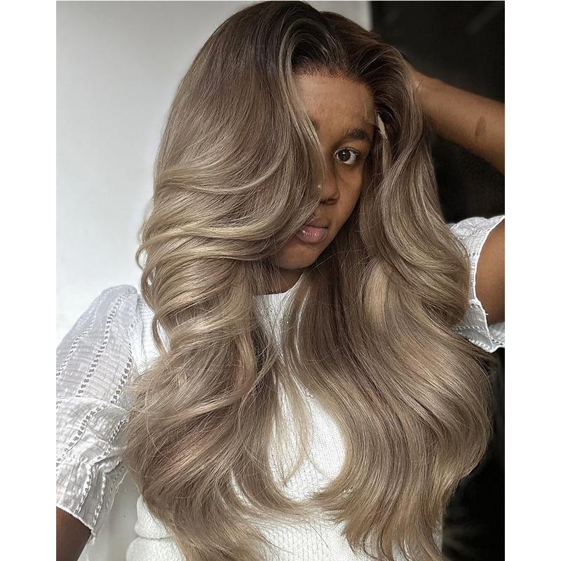Ombre Grey Ash Blonde With Brown Roots Colored 13X6 Lace Frontal Wig Pre plucked Glueless For Black Girls Hd Transparent Lace Front Human Hair Wigs Natural Hairline Can Be Restyled Suit for Any Occasions