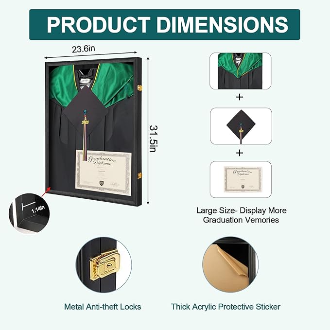 Large Graduation Shadow Box – Graduation Gown Display, Wall‑Mountable Lockable Graduation Display Frame with Acrylic Glass Door, Ideal for Graduation Keepsakes, Cap & Gown, Diplomas, Large Black