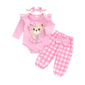 Baby Girls 3PCS Pants Sets Long Sleeve O Neck Letter Embroidery Romper Pants Headband
