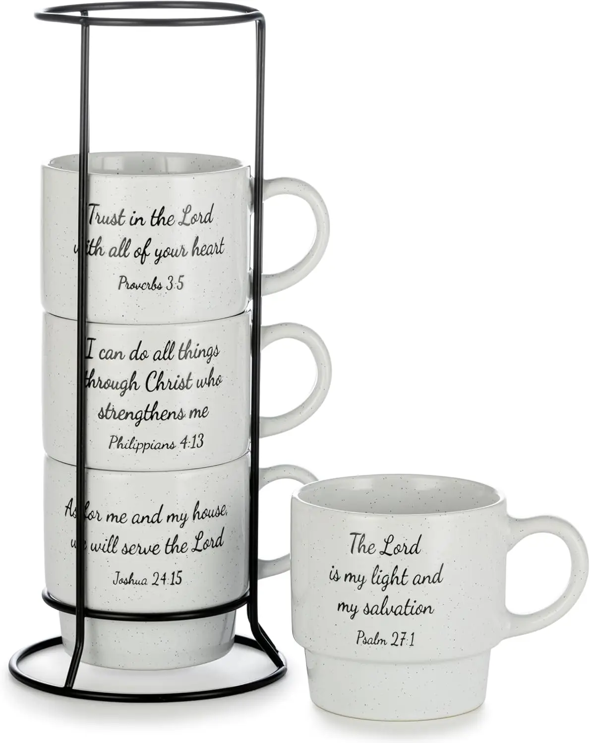 Housewares Stackable Coffee Mug Tower Set with Metal Wire Rack - 15 Ounce Coffee Mugs for Coffee, Tea, Cocoa, Milk, Cappuccino, Hot Chocolate Set of 4 - Inspirational Bible Verses