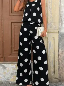 Women's Polka Dot 2 Piece Outfits Casual Sleeveless Top Wide Leg Pants Summer Lounge Matching Set Black 100% Polyester