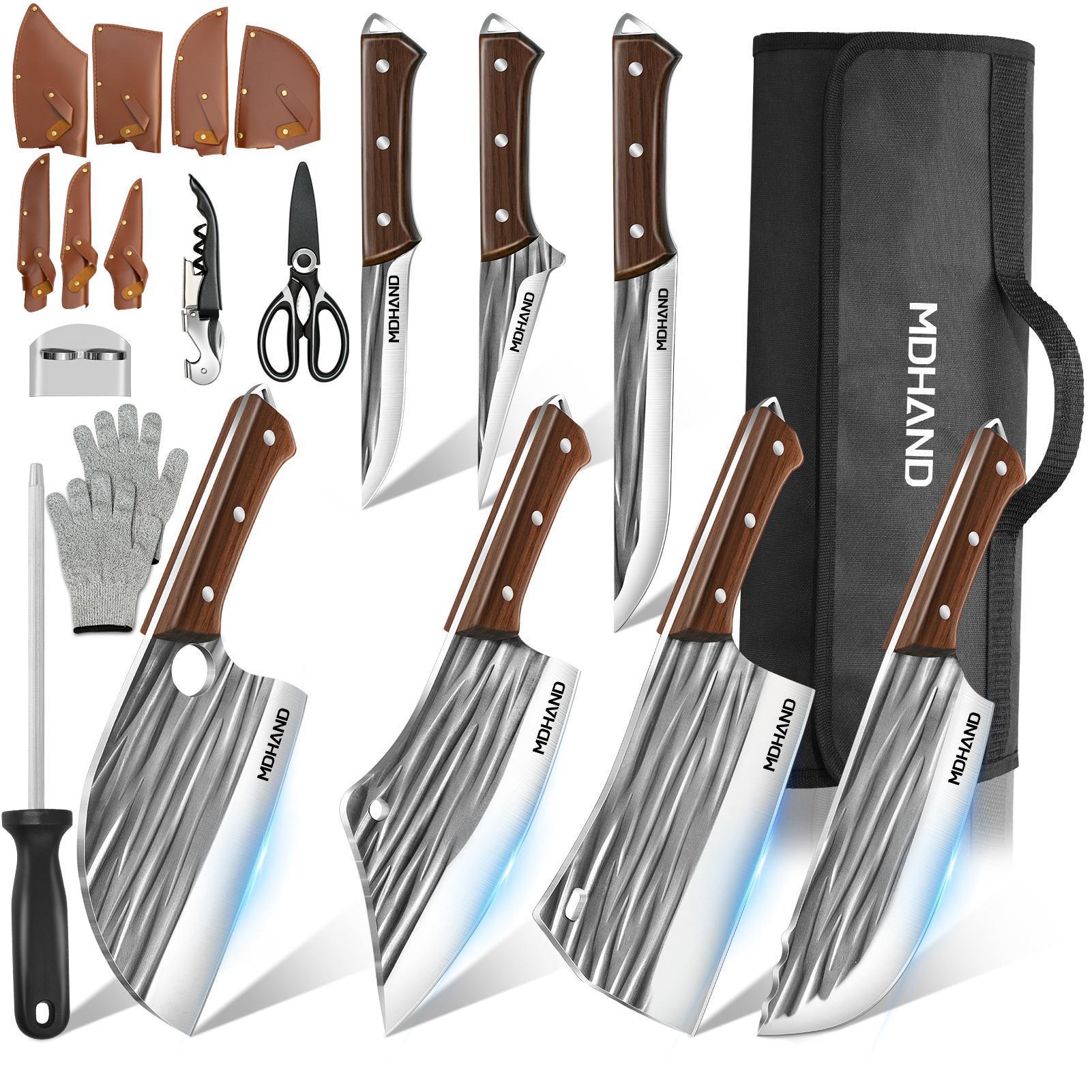 MDHAND Kitchen Knife Set, 14PCS Butcher Cleaver Knife Set High Carbon Steel for Meat Cutting Serbian Chef Knife Viking Boning Cleaver with Sheaths for Kitchen Outdoor BBQ Camping