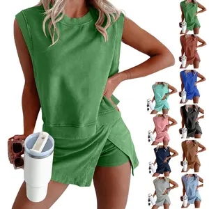 Jovenpara Women's 2 Piece Set Cotton Tank Top with Lined Split Athletic Skirt Casual Minimalist Sleeveless Suit for Daily Wear & Travel Summer Loungewear Womenswear Clothes Pajamas