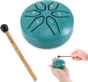 Rain Drum for Outside, 3 In Steel Tongue Drum Rain Chime, 6 Note Rain Drum Instrument for Outside, Rains Drums Chime Waterproof, Soothing Sound Steel Tongue Drum Mini Rain Drum with Drum Mallet for Yoga Meditation Camping (Green)