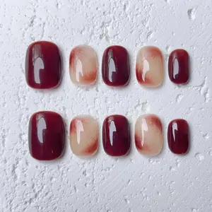 [Wine Marble] Short Square Handmade Press on Nails, Fake Nails with Nail tool kit with Jelly Stickers, Reusable, Durable