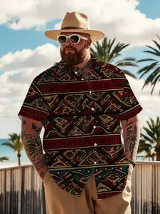 Men's Vintage Ethnic Totem Print Short Sleeve Shirt, Loose Fit Vacation Style Open Front Blouse, Summer Casual Top