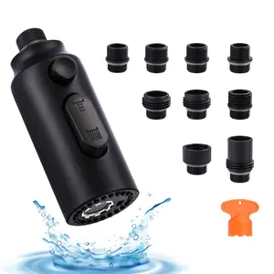 WOWOW Pull Down Faucet Sprayer Head Replacement, Stainless Steel Black 3 Function Pull Out Spray Head Nozzle with 9 Adapters