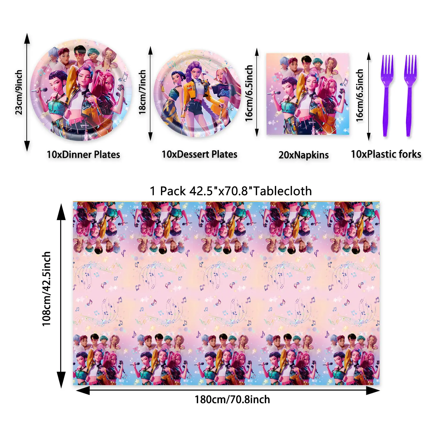 Kpop 62-piece Birthday Party Disposable Cutlery Set, Hunterix Decoration Set, includes banner, plates, cups, napkins, and tablecloth.