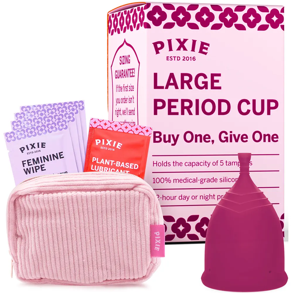 Pixie Soft Menstrual Cup - Ranked 1 for Most Comfortable Reusable Period Cup - Buy One We Give One - Includes Ebook Guide, Cleaning Wipes, Lube, & Storage Bag - Tampon and Pad Alternative (Large, Plum)