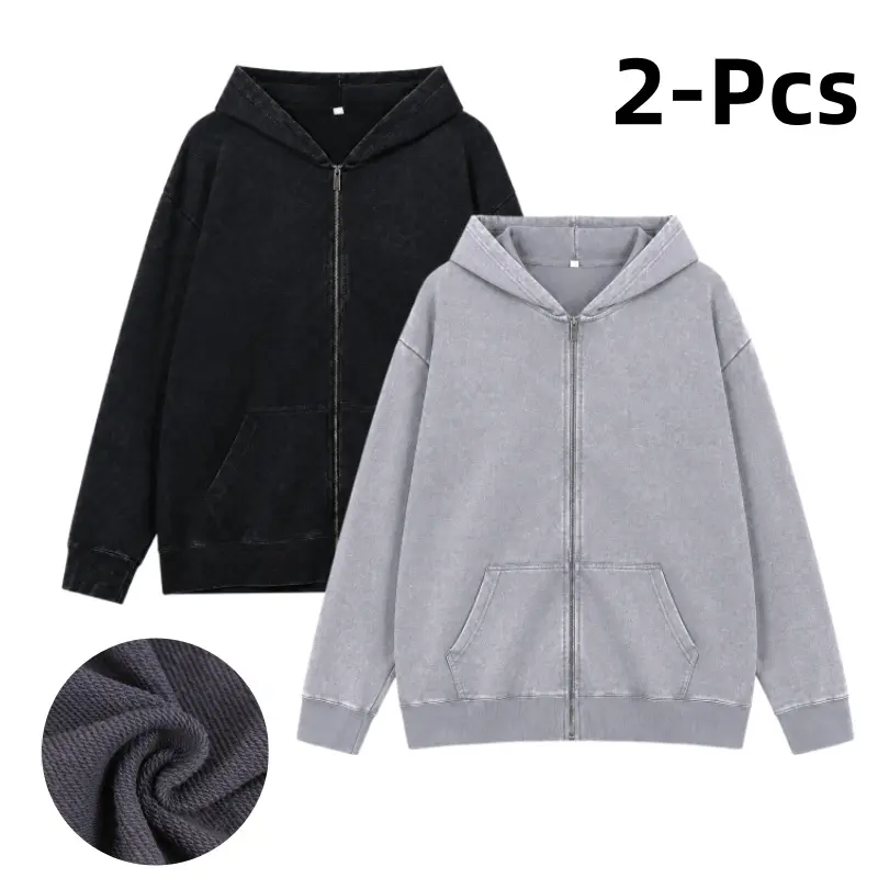 1/2 Pack Men’s Vintage Acid Wash Zip-Up Hoodie, Oversized Full-Zip French Terry Hooded Sweatshirt with Front Pockets, Unisex Casual Streetwear Jacket for Daily Wear, Travel, Fall & Winter