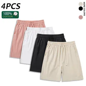 4PCS 100% Cotton Linen Men’s Shorts, Soft Breathable Casual Summer Shorts with Pockets