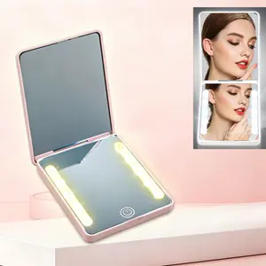 LED Travel Makeup Mirror, Rechargeable Folding Vanity Mirror, 2x Magnification, Three Color Lights, Adjustable Brightness, Portable Compact Design