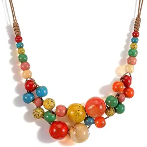 Ceramic Beaded Necklace for Women, Boho Beaded Necklace Statement  Y2K Hippie Beads Strand Necklaces for Women