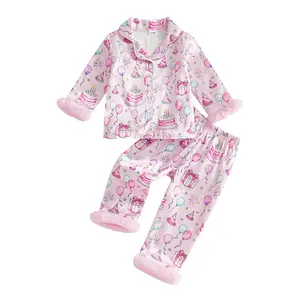 Girls Birthday Pajama Sets Long Sleeve Lapel Button Up Cake Balloon Print Shirt Pants Sleepwear