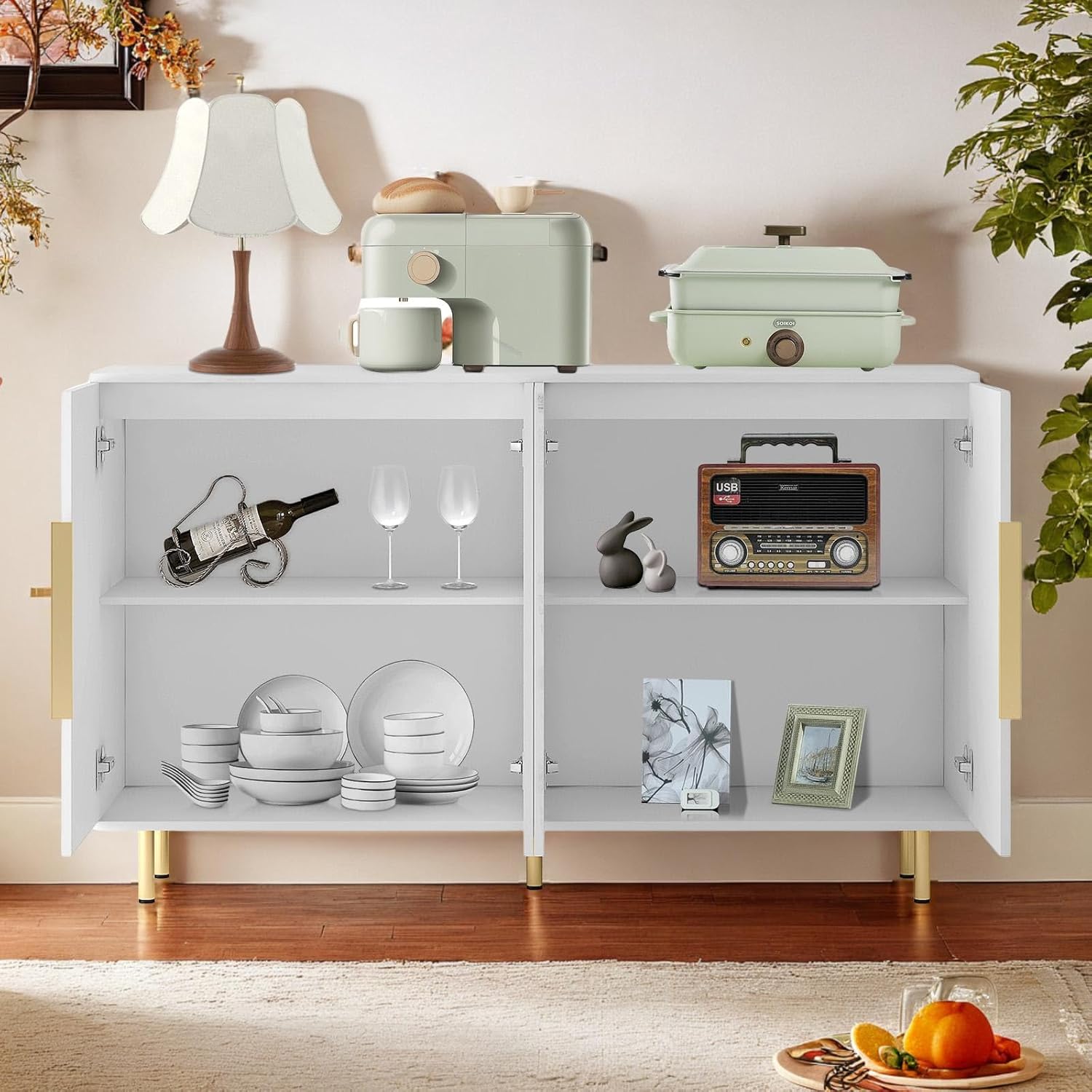 56"Modern Buffet Cabinet with Storage，Wood Credenza with 4 Fluted Doors and Adjustable Shelves, for Living Room, Kitchen, Entryway, White