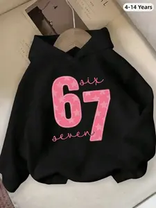 Girls' Casual Fashionable Creative Minimalist 67 Slogan, Star Print Hoodie Sweatshirt, Graphic Casual Hoodie, Pink With Black Hooded Design Featuring 67 Text, Hearts And Stars Cute Black Hoodie Girl Clothes Girls Number Shirt Kids Hoodie