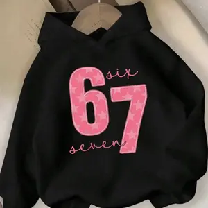 Girls' Casual Fashionable Creative Minimalist 67 Slogan, Star Print Hoodie Sweatshirt, Graphic Casual Hoodie, Pink With Black Hooded Design Featuring 67 Text, Hearts And Stars Cute Black Hoodie Girl Clothes Girls Number Shirt Kids Hoodie